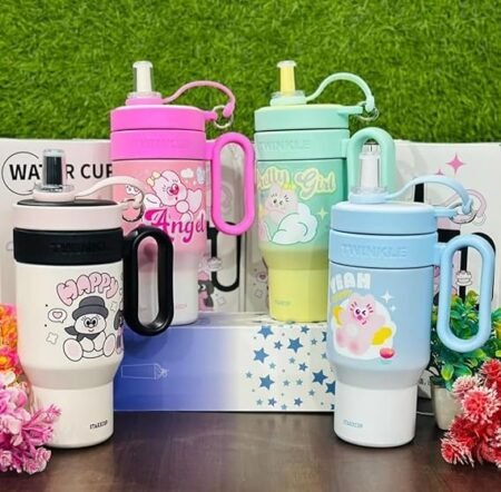 850ml Insulated Stainless Steel Travel Mug, Cute Cartoon Design with Plastic Handle and Straw