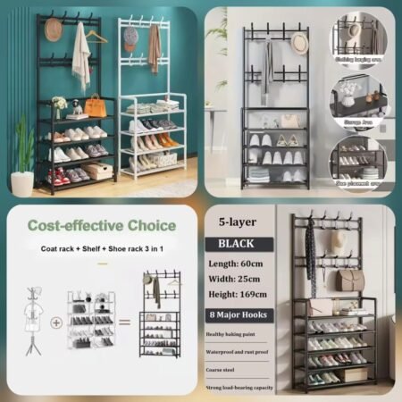 5 Layer Attachable Coat Hanger With Shoes Rack (Black & White Color Available)