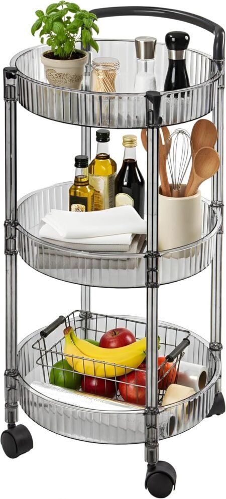 3 Tier Round Shape Multipurpose Acrylic Trolley with Tyres and Tyre Lock