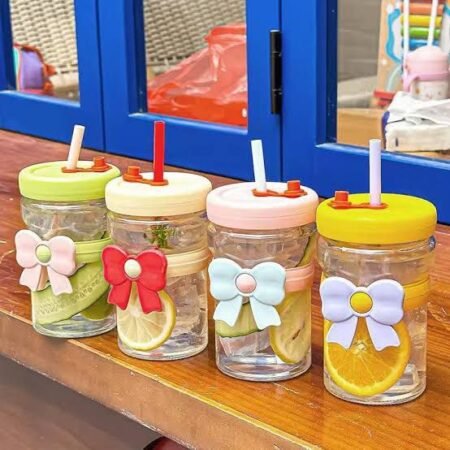 400ml Flower bow Glass Cup (Wth Straw)