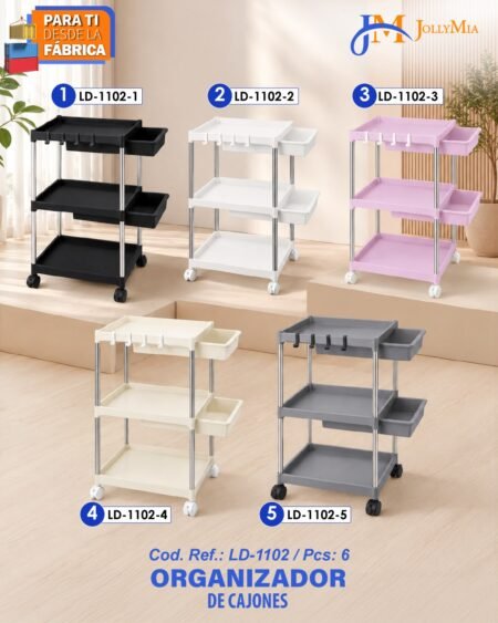 3-tier rolling storage cart with 2 drawers, hooks, and locking wheels