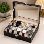 12-SLOT LEATHER WATCH STORAGE ORGANIZER BOX WITH DISPLAY LID