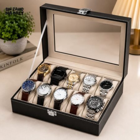 12-SLOT LEATHER WATCH STORAGE ORGANIZER BOX WITH DISPLAY LID