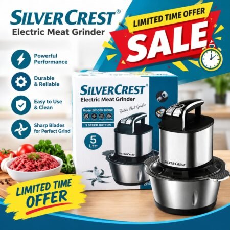 5 Litre Silver Crest Electric Meat Chopper with 5 Blades Options and 2 Speed (Premium Quality)