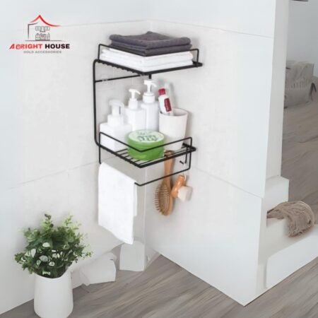 Pure Metal Stainless Metal Bathroom Corner Shelf with Towel Hanger